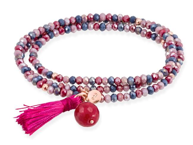 Pulsera ZEN Rosa en plata rosa de Marina Garcia Joyas en plata Pulsera de plata de primera ley (925) chapada en oro rosa de 18kt, cristal de Strass facetado multicolor y ágata fucsia. (largo: 54 cm.)